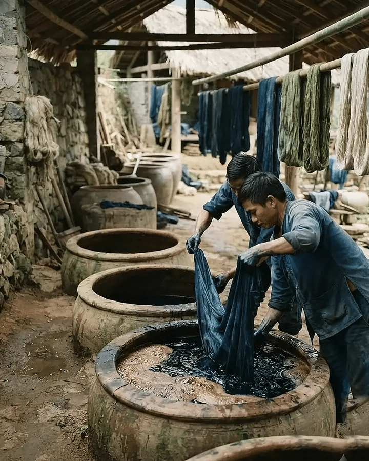 Cloth being hand dyed in indigo vats