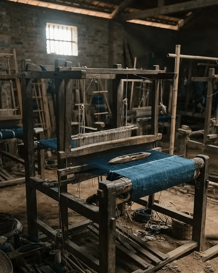 Indigo cloth on a wooden hand loom