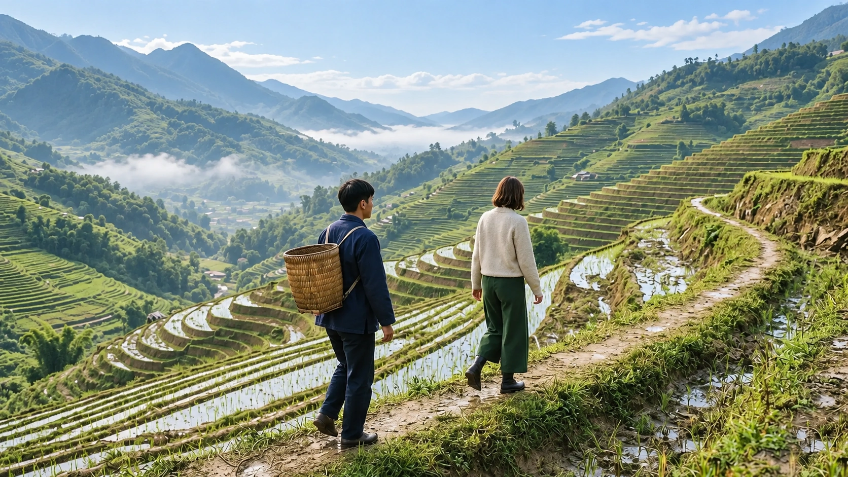 A man and woman walking through terraced rice fields in northern Vietnam